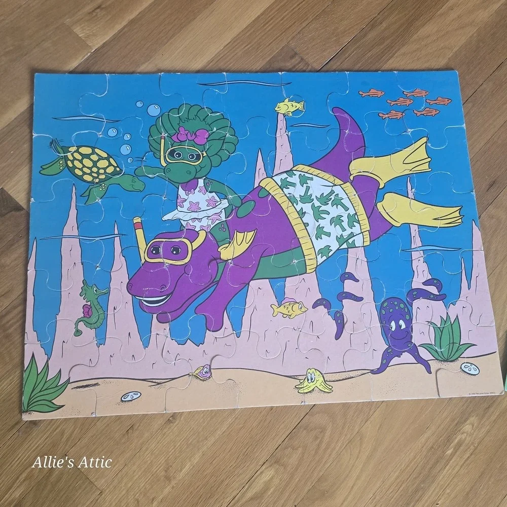 2 Barney Puzzles Lot Baby Bop Swim Sea Animal Dinosaur 24 35 Large Piece Vintage